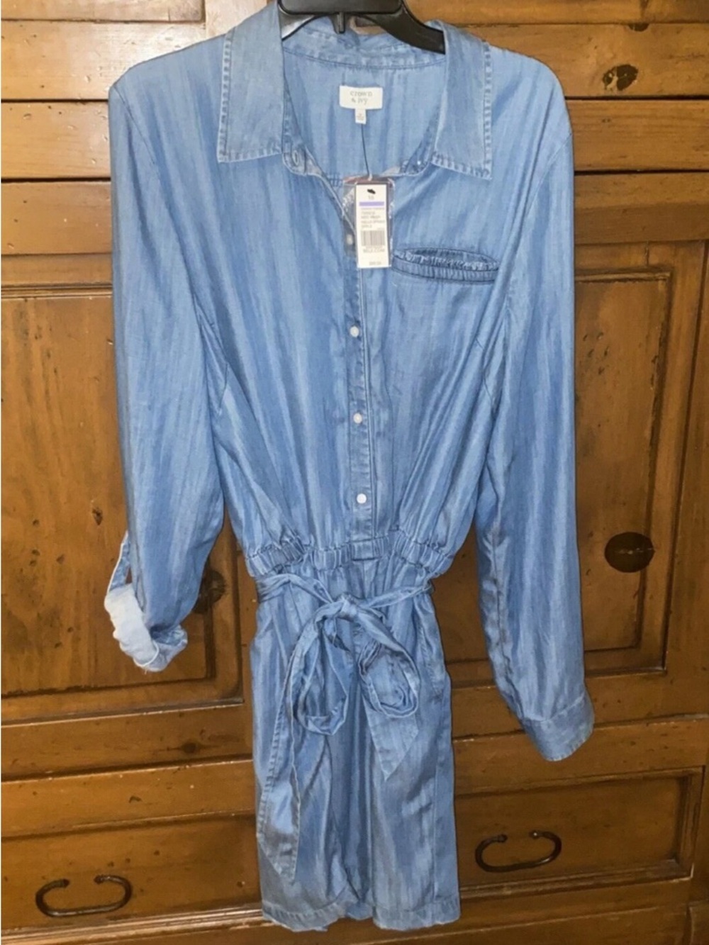 NWT! Women’s Crown & Ivy Blue Denim Chambray LS Button-Up Belted Romper-SZ 16
